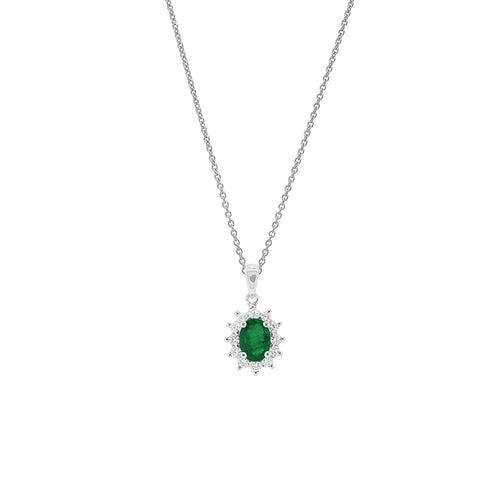 18ct White Gold Emerald Diamond Halo Pendant