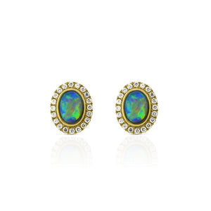 18ct Yellow Gold Opal Diamond Halo Earrings