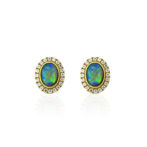 18ct Yellow Gold Opal Diamond Halo Earrings